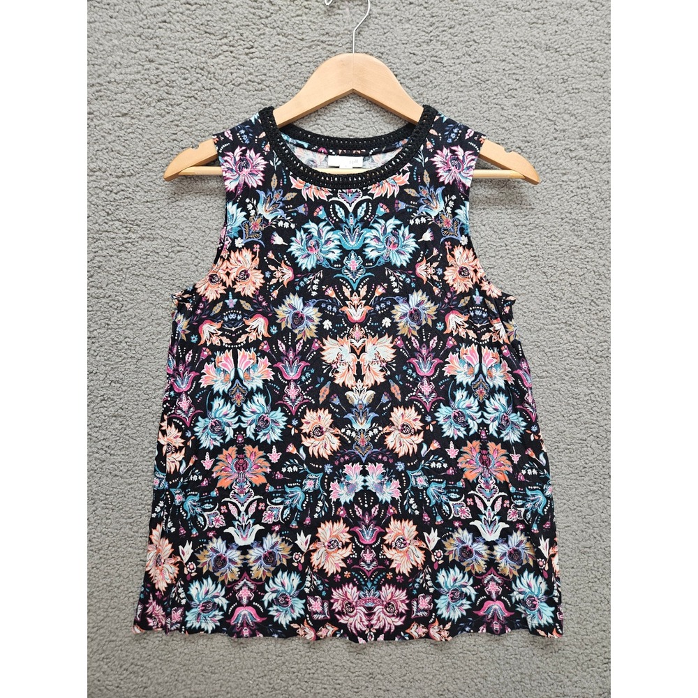 J. Jill Tank Top Small Black Floral Mandala Boho Crochet Trim Sleeveless